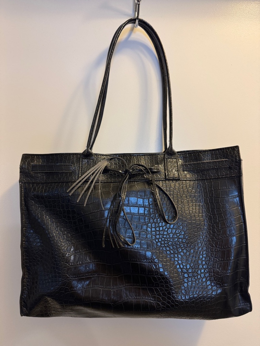 Black Croc-Embossed Bow Tote